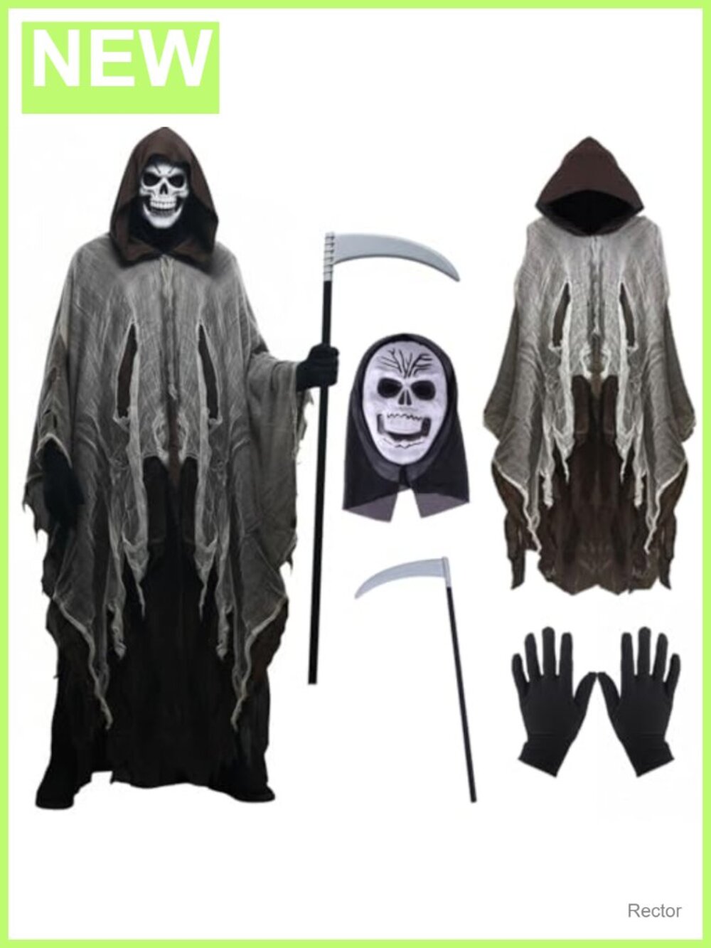 Grim Reaper Costume 4Pc Set Hooded Cloak Scythe Skull Mask Gloves Halloween
